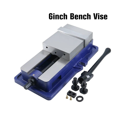 6 Inch Hardened Steel Milling Machine Bench Vise With Lock Down Clamps, gray iron, shop-ready, includes accessories.