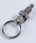 Solid As A Rock 4 Piece Stainless Steel Indexing Plunger Pins With Spring Loaded Knobs For Precision Positioning Heavy Duty Furniture Assembly And Industrial Mounting Gear close-up of a stainless steel indexing pin with keyring.