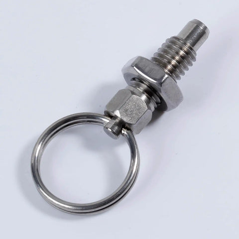 4 Pack Rock Solid Stainless Steel Pull Index Plungers Featuring Heavy Duty Spring Loaded Lock Out Knobs And Quick Release Pins Built Tough For Hassle Free Gadget Mods And Furniture Assembly, detailed view of metal plunger with ring.