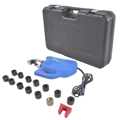 Built Like A Tank 15 Ton Hydraulic Crimping Tool With 14 Die Set Professional Grade For 9 Awg To 800 MCM Cable in blue with a case.