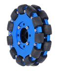 5-inch omni wheel for robots featuring blue aluminum alloy hub and black rollers for omnidirectional movement.