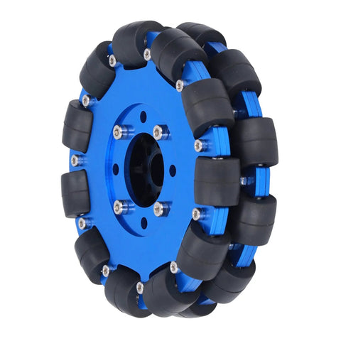 5-inch omni wheel for robots featuring blue aluminum alloy hub and black rollers for omnidirectional movement.