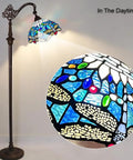 Dope Tiffany Style Stained Glass Floor Lamp With Sea Blue Dragonfly Pattern, 62 Inch Tall Industrial Dark Bronze Pole