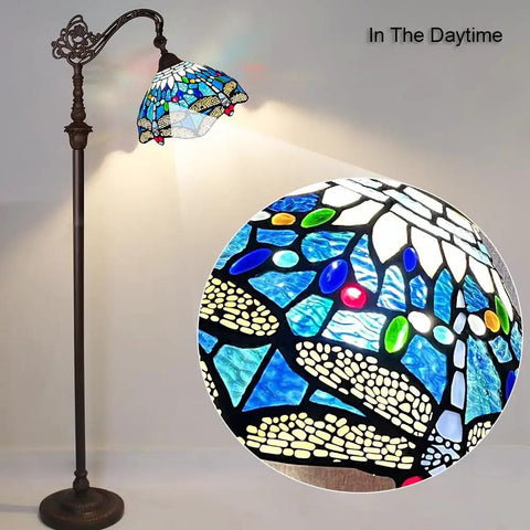 Dope Tiffany Style Stained Glass Floor Lamp With Sea Blue Dragonfly Pattern, 62 Inch Tall Industrial Dark Bronze Pole
