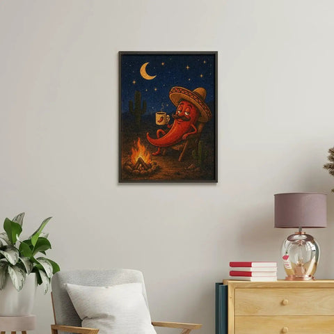 Framed painting of a chili pepper in a sombrero by a campfire under a starry sky, Desert Camp Pepper Paint By Numbers Kit.
