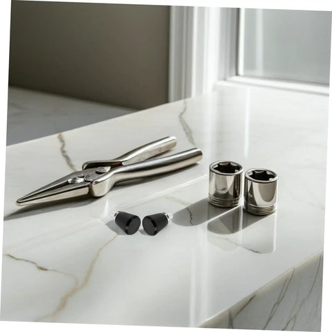 Get These 4Pc Industrial Spring Plunger Pins For Your Machine Shop displayed with pliers and sockets on a countertop.