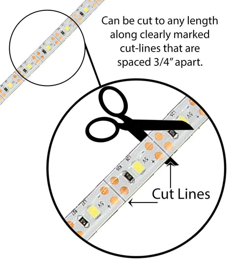 Slick 12 Inch Cut To Fit Led Light Strip With 18 Darn Bright Cool White Bulbs shows cut lines for customization.