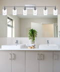 5 Light Industrial Vanity Light Fixture With Clear Glass Shades In Brushed Nickel Sleek Wall Mount Bathroom Lighting over mirror