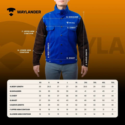 Front view of model wearing DVALIN Hybrid FR Leather Welding Jacket with leather sleeves and size chart overlay.
