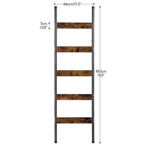 Killer 5-Tier Blanket Ladder With Heavy Duty Hooks, Wall-Leaning Towel Rack For Living Room And Bedroom, Rustic Industrial Decor Organizer For Scarves And Blankets, Total Home Game Changer, 17x63 inch with 5 wooden shelves.