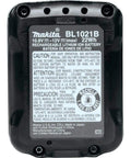 Back view of 12V Max CXT Lithium-Ion 2.0Ah Battery with LED Charge Indicator showing safety labels and specifications.
