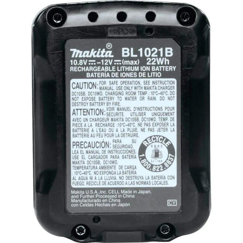 Back view of 12V Max CXT Lithium-Ion 2.0Ah Battery with LED Charge Indicator showing safety labels and specifications.