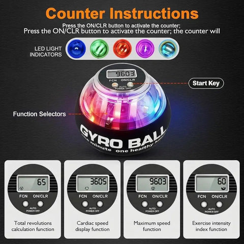 Gyro Ball Hand Exerciser With Counter And Auto Start Gyro, Wrist And Forearm Strengthener For Quick Arm Workouts, LED Lights And Colorful Display, Portable Grip Trainer For Strength, Endurance, And Real Fast Gains, black plastic with LED counter