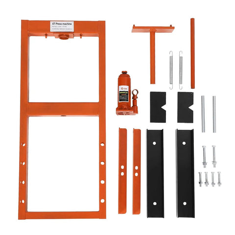 Hydraulic Shop Press 6-Ton H-Frame For Garage And Home Workshop Floor Model With Adjustable Pressure Press Plates Included Beefed-Up Durable Orange Finish components.
