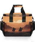 Desert Cowboy Insulated Lunch Bag With Shoulder Strap featuring cowboy silhouette and sunset design, tear-resistant polyester