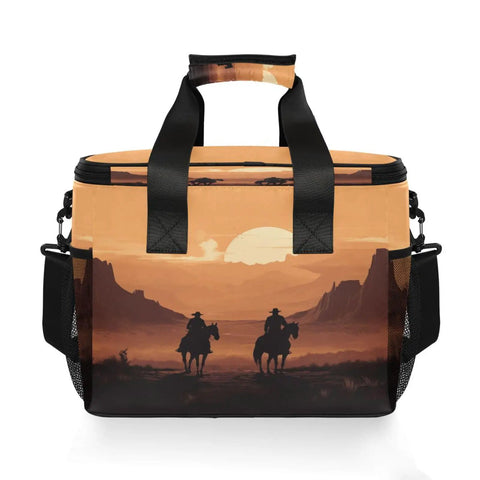 Desert Cowboy Insulated Lunch Bag With Shoulder Strap featuring cowboy silhouette and sunset design, tear-resistant polyester