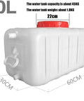 50L water storage container with red cap, showing dimensions 60cm x 30cm x 34cm, made from durable materials.