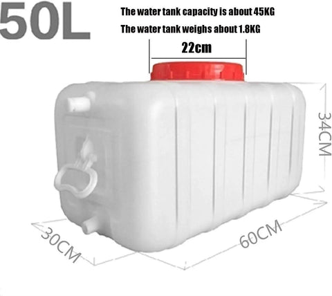 50L water storage container with red cap, showing dimensions 60cm x 30cm x 34cm, made from durable materials.