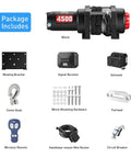 Beefy 4500 Pound Winch Kit With 12V Power And 45 Foot Synthetic Rope For UTV Recovery package contents display.