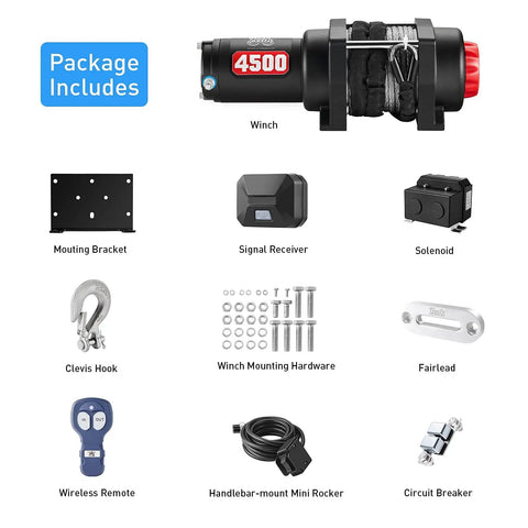 Beefy 4500 Pound Winch Kit With 12V Power And 45 Foot Synthetic Rope For UTV Recovery package contents display.