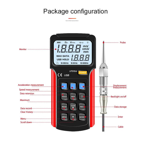 Smooth Operator Digital Vibration Meter With High Grade Probe And Reliable Data Storage For Tracking Acceleration Velocity And Displacement Readings Without Any Glitches, showing data display and buttons.