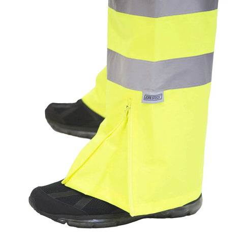 Hi Vis Waterproof Safety Rain Pants For Construction And Roadwork ANSI ISEA 107 Class E Level 2 Certified With 2 Inch Reflective Tape And Adjustable Ankle Openings Yellow For Wet Weather Jobs, show close-up of ankle zippers and reflective tape