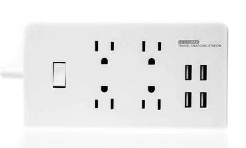 Eight International Adapters Travel Charging Station With Surge Protector And Four Smart USB Ports, showing four AC outlets and USB ports