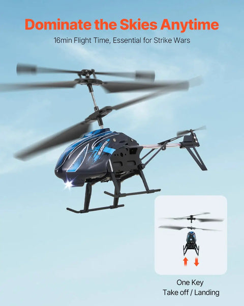 Beginner Friendly RC Helicopter With One Key Takeoff And Landing, 2.4GHz, in flight showing LED lights and control functions.