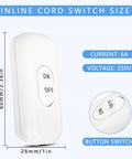 Front view of white Three Pack Inline Cord Switches For Lamps And LED Lighting 250V 6A with size dimensions.