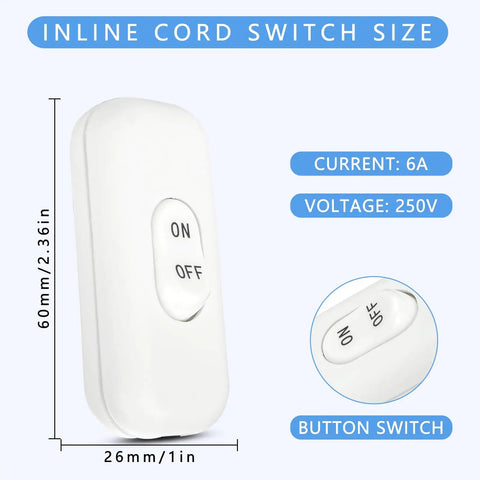 Front view of white Three Pack Inline Cord Switches For Lamps And LED Lighting 250V 6A with size dimensions.