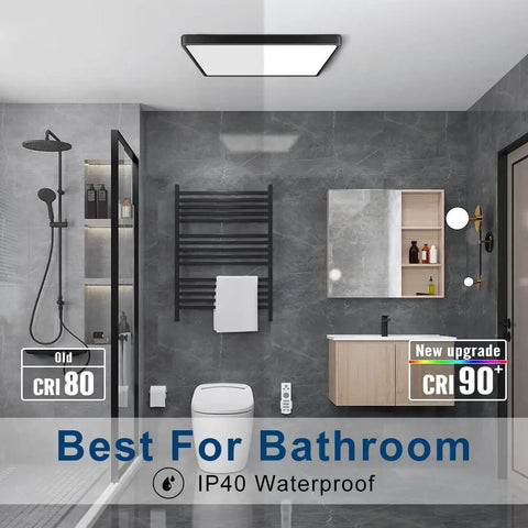 12 Inch Square LED Ceiling Light 24W 5000K Daylight White, 3200 Lumens, ultra slim flush mount in modern bathroom scene, flicker free