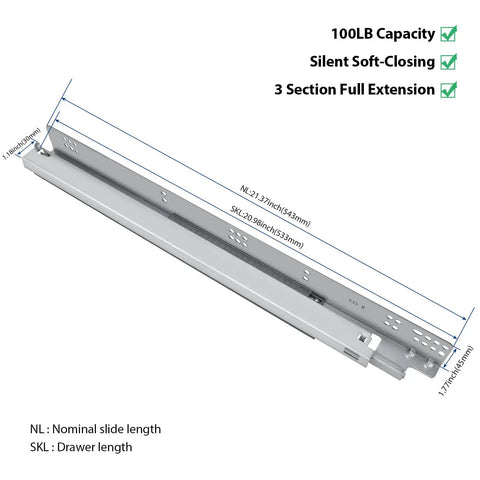 Heavy Duty Undermount Drawer Slides 21 Inch Soft Close Cabinet Runners with dimensions and features highlighted.