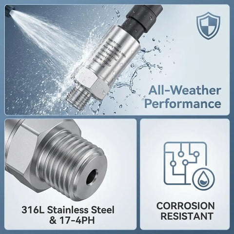Industrial Pressure Transmitter Sensor 0-3000 PSI With 1/4 NPT Thread Stainless Steel Gauge Pressure Sensor For Oil Fuel Water And Air Plug And Play Transducer For Precise Rugged Industrial Monitoring showing corrosion-resistant stainless steel.