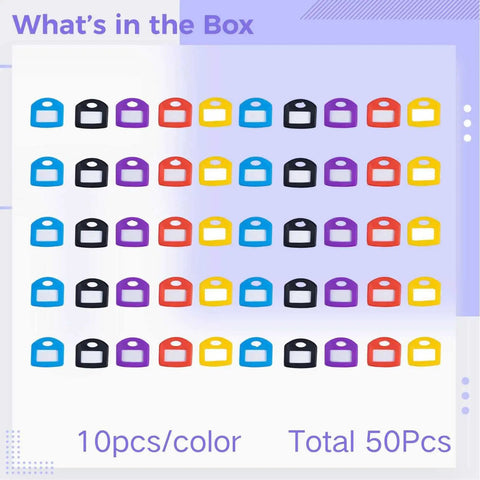 Image showing 50 Pcs Silicone Key Covers For House Keys, Elastic Soft Key Caps In 5 Color Coding Set With Labels, displayed in rows.