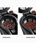 Automatic Bean Grinding Espresso Machine With Glass Carafe, Compact Red Coffee Maker showing coffee beans and ground coffee in filter