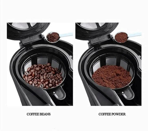 Automatic Bean Grinding Espresso Machine With Glass Carafe, Compact Red Coffee Maker showing coffee beans and ground coffee in filter