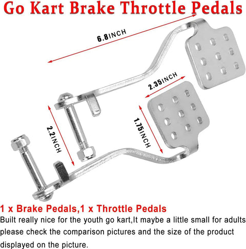Brake And Throttle Pedal Kit With 71 Inch Cable And 270mm Steering Wheel showing metal pedals and dimensions for go karts