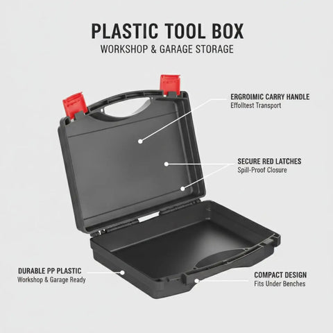 Grab And Go Portable Plastic Tool Box With Integrated Handle For One Hand Carry, durable PP storage, secure red latches visible