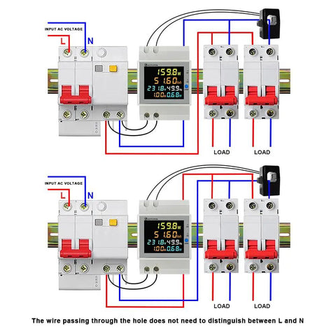 Dual Channel Single Phase Energy Meter On DIN Rail With LCD Display No Fuss Setup, Split Core CT, 100A, kWh Readout, Tracks Main And Sub Circuits, 6 In 1 Power Meter For Home, Office And Industrial Load Monitoring. DIN rail wiring diagram