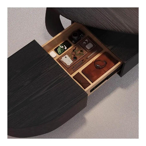 Heavy Duty Corner Executive Desk With Integrated Side Cabinet And Raised Monitor Stand Straight Up Big Time Pc Workstation No Nonsense Boss Build For Gaming And Writing Black 180 Cm drawer showing organized storage with various items.