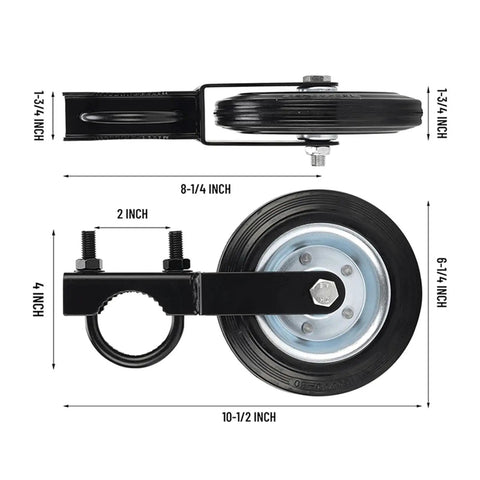 Heavy Duty Gate Caster Wheel Featuring Solid Rubber Tires And Fully Adjustable Height, dimensions shown from top view.