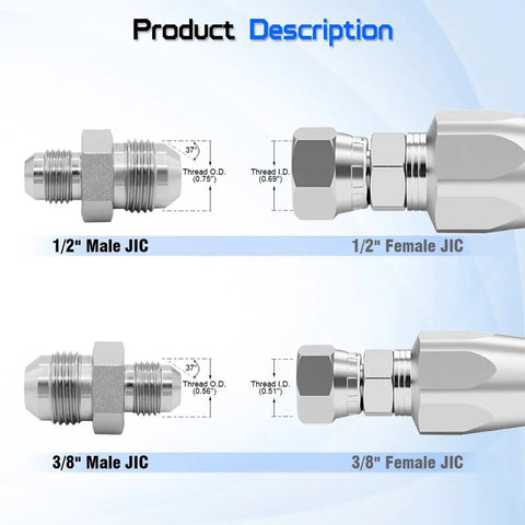 Hydraulic Hose Connector One Half Inch Male JIC 37 Degree Flare To Three Eighths Inch Male JIC Adapter For Leak Free Quick Connect Hydraulic Systems Straight Fitting High Flow Durable Steel, 1/2 in and 3/8 in