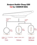 Diagram of Seatpost Saddle 7x9 Clamp Ear With Titanium Bolt Kit For Carbon Rails Upgrade showing rail sizes and shapes.