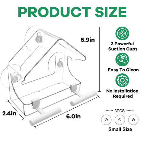 Diagram showing dimensions of Clear Window Bird Feeder With Strong Suction Cups Acrylic Window Feeder For Your Garden And Yard Weatherproof Year Round Design For Easy Peasy Inside Bird Watching Gift For Kids And Seniors
