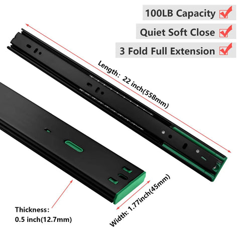 22 Inch Full Extension Ball Bearing Drawer Slides With Soft Close Side Mount, 20 Packs, showing length, width, and thickness dimensions.
