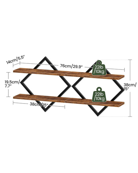 Top Shelf Two Tier Floating Wall Shelves Set Of Two With Sleek Diamond Iron Frame Rustic Brown Metal Decor dimensions and layout.