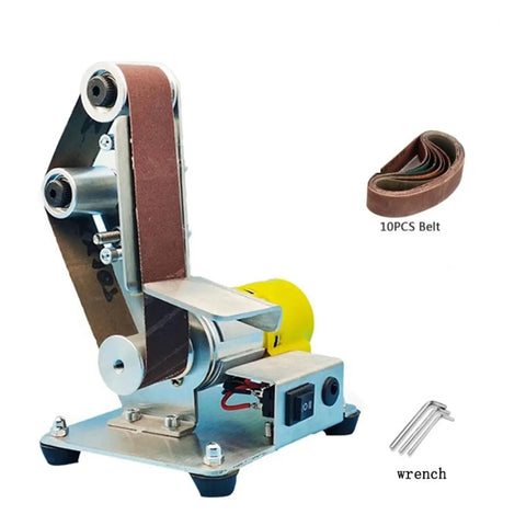 Compact Desktop Vertical Mini Electric Polishing Belt Sander Machine With 9000 Rpm Grinding Wheel Motor Heavy Duty Metal Body Construction for woodworking.