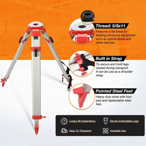 Beefy Aluminum Surveying Tripod With Five Eighth Inch 11 Threaded Flat Head Quick Clamp features and specifications