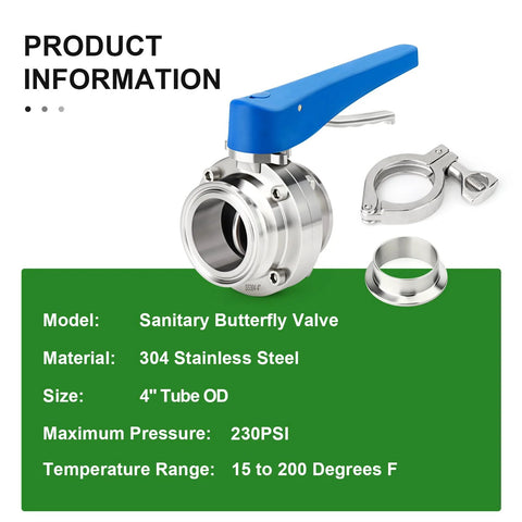 4-inch stainless steel sanitary butterfly valve kit with blue lever handle and tri-clamp ferrule.