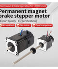 Permanent magnet brake stepper motors; front view, black housings with silver faceplates and wiring.